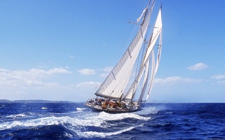 magnificent racing yacht on the high seas - yacht, spray, sails, sea, waves