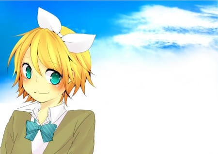 ~Sky Blue Eyes~ - clouds, vocaloid, anime, white bow, rin kagamine, blonde, sky, blue eyes