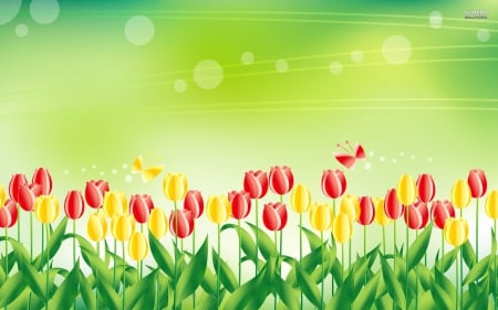 Happy Tulips - art, tulips, colorful, flowers, butterflies