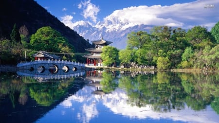 Yunnan China - clouds, trees, water, china, reflection, buildings, nature, lake, mountains, sky, bridge