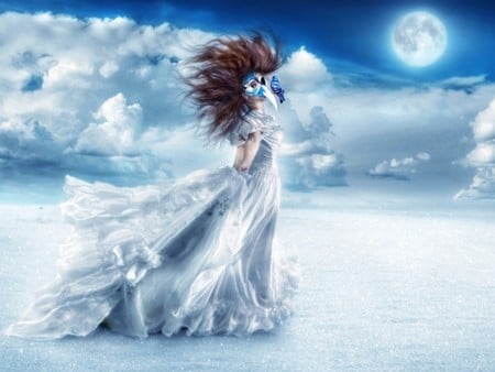 mask beauty - moonlight, bird, mask, bride, girl, dress, white, clouds, moon