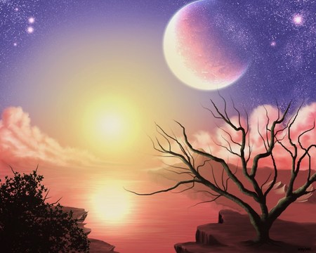 Tranquil Horizon - horizon, moon, colorful, water, sunset, abstract, purple, full moon, pink, clouds, tree, sea