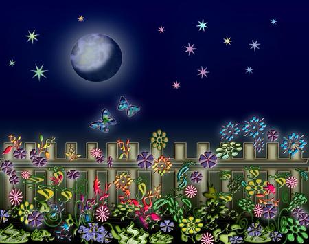 Night - flowers, moon, abstract, butterflies, night, stars, fence