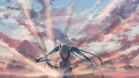 Hastune Miku - blue hair, vocaloid, miku, sunset, cluds