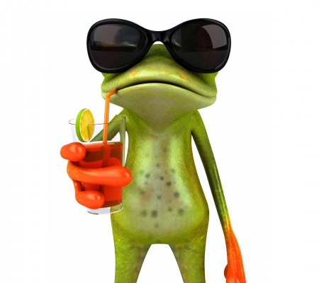 Funny Frog - relax, vacation, cool, animal, glasses, funny, juice, 3d, frog