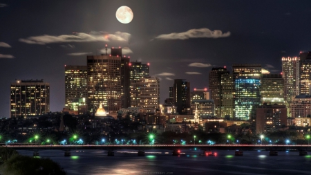 boston under a full moon - moon, river, city, bridge, skyscrapers, lights