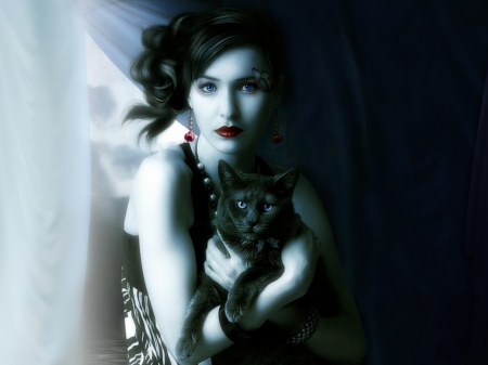 girl with cat - woman, girl, people, cat, animals, brunette, black, model