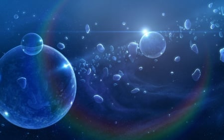 Fantasy space - rainbow, glass, sun, light, asteroid, space, blue, planet, piece, drops