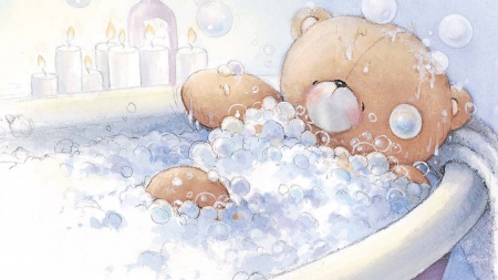 Teddy Bath - comfort, relax, whimsical, stuffed animal, comfy, bath, cozy, children, toy, child, bubbles, cute