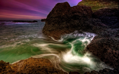 Stormy beach - pretty, amazing, beach, evening, shore, cliffs, splash, nice, emerald, sky, storm, clouds, water, beautiful, sea, lovely, ocean, stones, colorful, wind, nature, waves, dusk, rocks