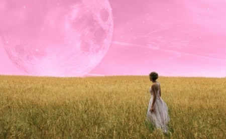 Pink Moon - wallpaper, digital, pink, beautiful, photoshop, girl, serene, moon, nature, woman