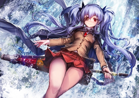 Yagyuu - skirt, female, girl, long hair, yagyuu, red eyes, senran kagura, blue hair, long blue hair, anime, eyepatch, manga