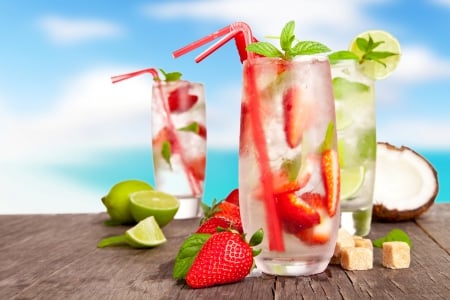 Fresh drinks - strawberry, summer, berry, lime, cocktail, drink, ice, fresh, coconut, mint, tropical, juice, paradise, fruits, glass