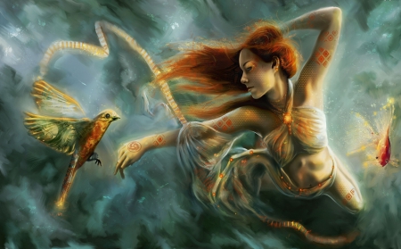 Beautiful Girl Art - woman, girl, wallpaper, fantasy, cg, art, fine, girl and bird, beautiful, digital