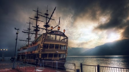 the marvelous british tall ship victory - clouds, sail ship, sundown, old, harbor, dock