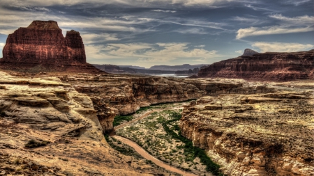 muddy river in a fantastic canyon hdr - canyon, river, clouds, desert, monument, hdr