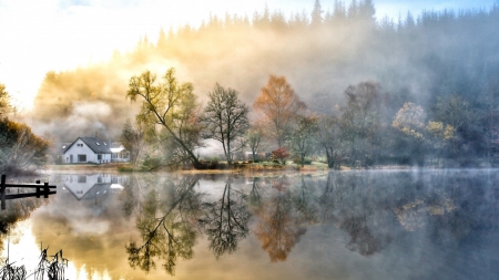 morning sun burning off the fog on a lake - nature, amazing, lake, forest, beautiful, fog, house, sunrise