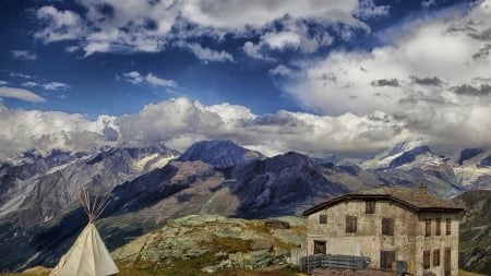 tepee in zermatt in the swiss alps - house, tepee, clouds, mountains