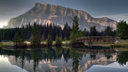 bridge over mirrored river - river, forest, reflection, mountain, bridge