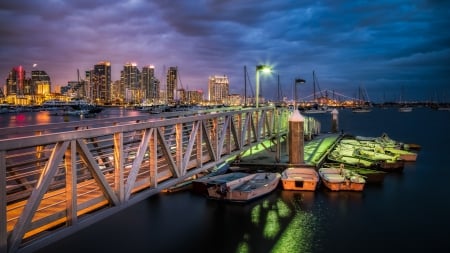 Beautiful Night - clouds, lanterns, boat, splendor, sea, city, city lights, pier, boats, nature, lights, sky