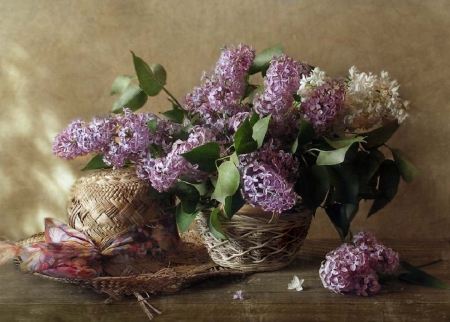 lovely still life - flowers, still life, hat, lilacs