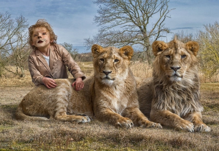 Lions with a human cub - cute, lion, kid, art