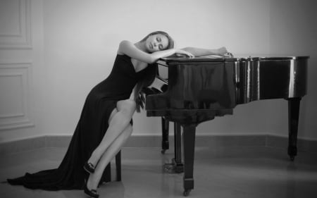 Exhausting Performance - woman, female, girl, music, instrument, black, model, white, piano, dress