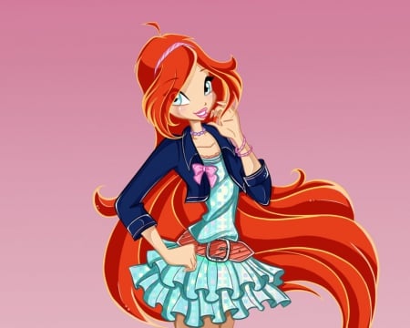 Bloom - nice, female, hot, bloom, simple, anime girl, pretty, orange hair, anime, winxclub, cute, sexy, girl, cartoon, blue eyes, long hair, lovely, jacket, hd, winx club, pink, plain, sweet, fairy, dress, winx