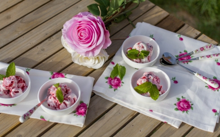 Invitation to ice cream - spoon, ice cream, bowls, rose, white, pink, green, sweet, dessert, food, flower