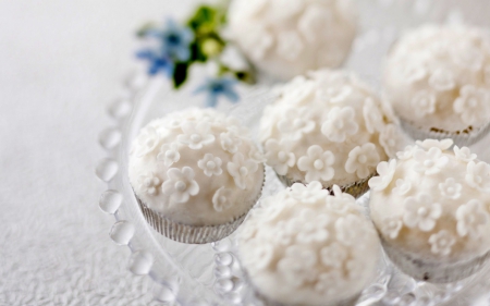 White candies - white, candy, cupcake, blue, dessert, food, sweet, flower