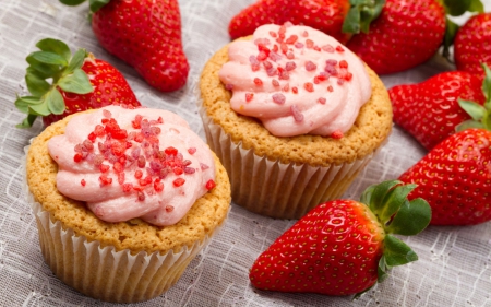 Strawberries and cupcakes - cream, strawberry, cupcake, food, pink, sweet, red, green, fruit, dessert