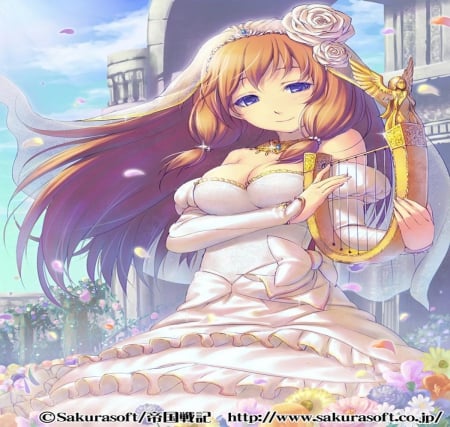 Gentle Musician - girl, long gair, music, bride, orginal, cg, game, cute, dress