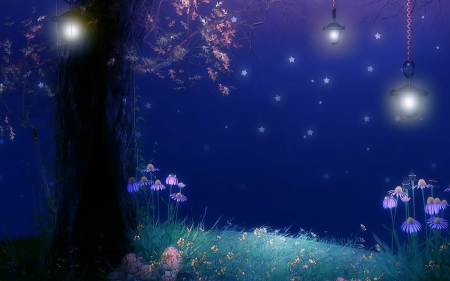 Fairy World - flowers, lights, painting, night, stars, tree