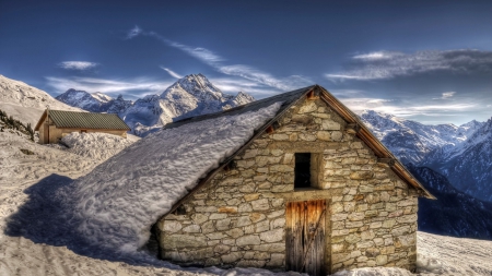 stone cottages high in the mountains hdr - mountains, winter, clouds, stone, cotages, hdr