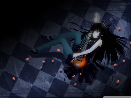 K-On - sleeping, k-on, guitar, black hair, dress, floor