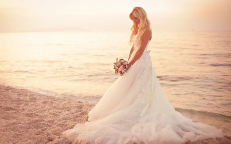 beauty - beach, sunshine, wedding dress, sea