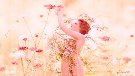 woman autumn - lovely, pink, flowers, retro, vintage, autumn, woman, soft, cute