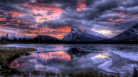 absolutely wonderful sunset on lake landscape hdr - lake, mountain, forest, clouds, winter, hdr, sunset, grass