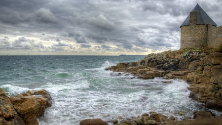 castle wall on rocky shore - clouds, shore, sea, castle wall, rocks