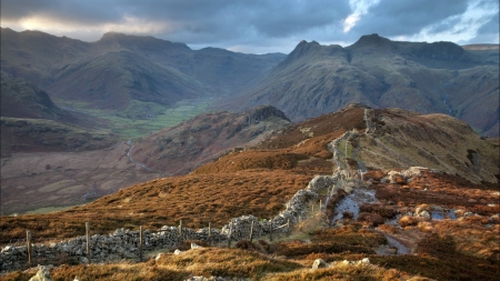 mini great stone wall - mountains, fence, valley, wall, stones