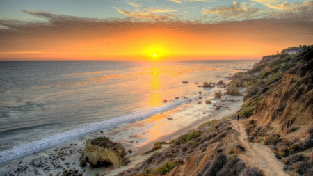 magnificent sunset on malibu beach hdr - cliff, clouds, beach, sunset, sea, hdr