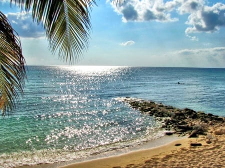 Paradise Shore - stone, ocean, beach, sky, sun, water, shore, palm, bay, rocks, waves, nature, clouds, palmtrees, sand