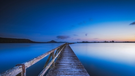 old wooden pier at dusk - sky, lake, wooden, nature, pier, dusk, old, sea, lights