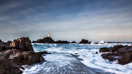 lighthouse on rocky seashore - shore, lighthouse, waves, sea, rocks