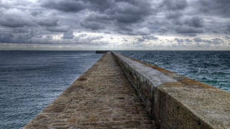 perfect stone wave breaker - clouds, horizon, stone, waves, wave breaker, sea