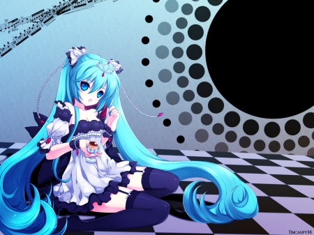 Sweet Miku - vocaloid, circles, dress, blue hiar, sweet, ice cream, miku, eating, cute, sitting