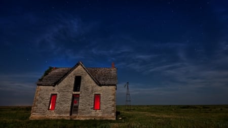 haunted house on the prairie at night - house, prairie, red lights, night, stars, windmill