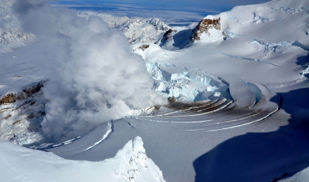 A Volcano in Winter, Alaska - winter, water, volcano, blue, snow, alaska, white, nature, cold, smoke