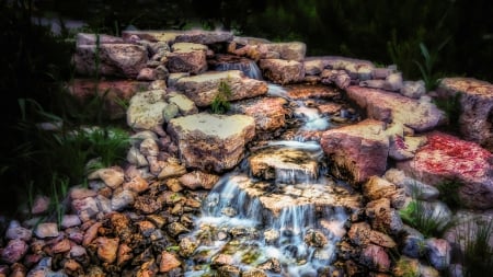 wonderful stone waterfall hdr - waterfall, hdr, plants, steps, stones