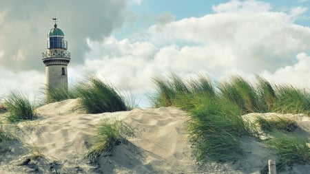 gorgeous lighthouse in sand dunes - clouds, dunes, lighthouse, grass, sand